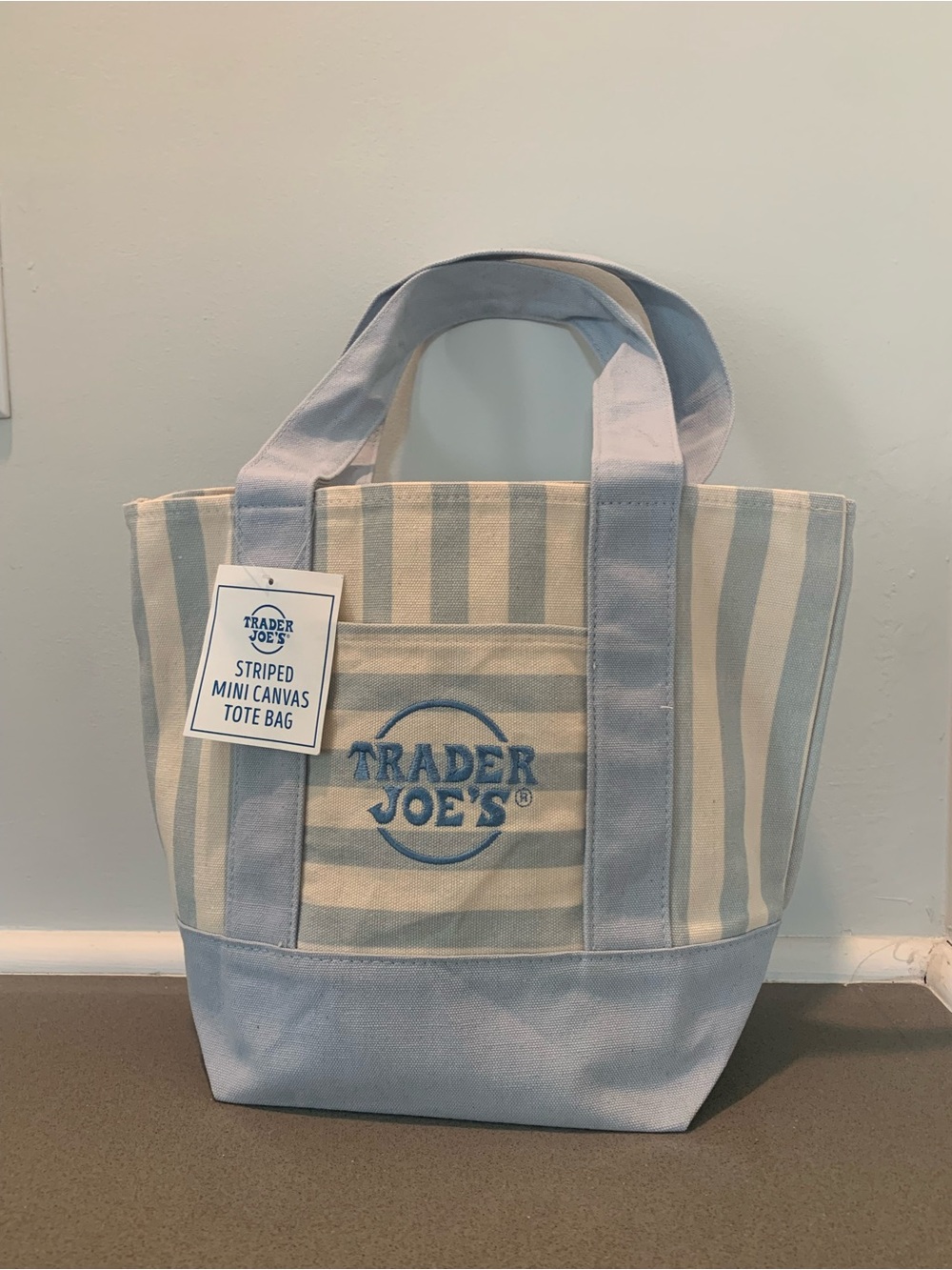 NWT-TRENDING. Trader Joe's Striped Mini Canvas Tote Bag - Light Blue & Cream